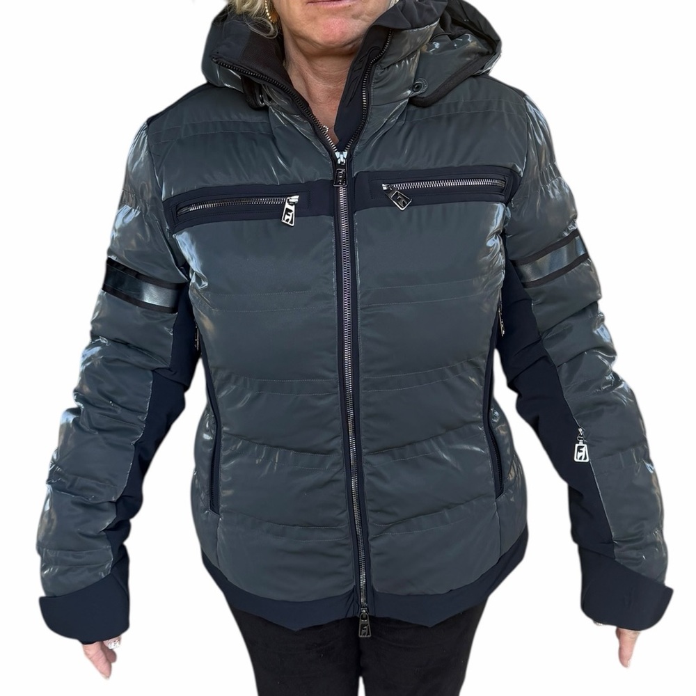 LUX Toni Sailer Yoko Silver Black Metallic Ski Snow Jacket EU42 Large Aprés Ski